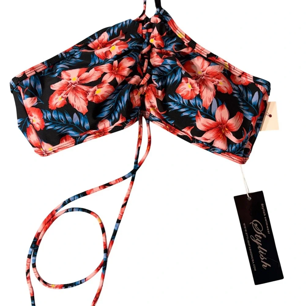 Stylish Swimwear‎ Bikini Top Women Large Black Floral Tropical Halter Ruched NEW